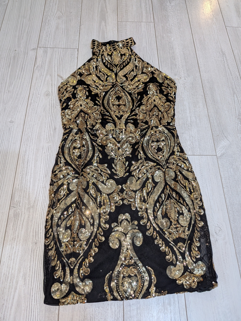 Black & Gold Sequin Halter Mini Dress
